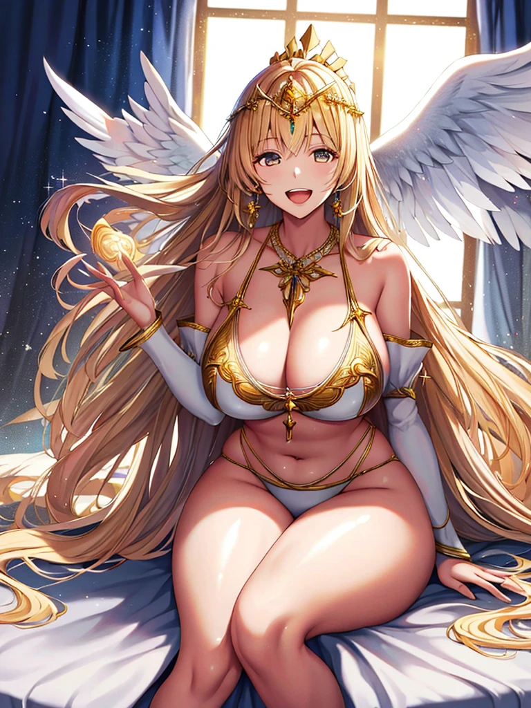 A priestess wearing a white bikini,Valkyrie,Leaning forward towards me、Thick thighs、Sitting on the bed、Wearing a golden tiara、Healing、Angel Wings,belly button,simple,Particles of light,Thighs,Shiny skin,Big Mouth、Perfect lighting, One adult woman, Open Mouth Smile、(Highest quality), maternal, Porcelain-like skin,光沢のあるsimple青い瞳、Very long honey blonde straight hair