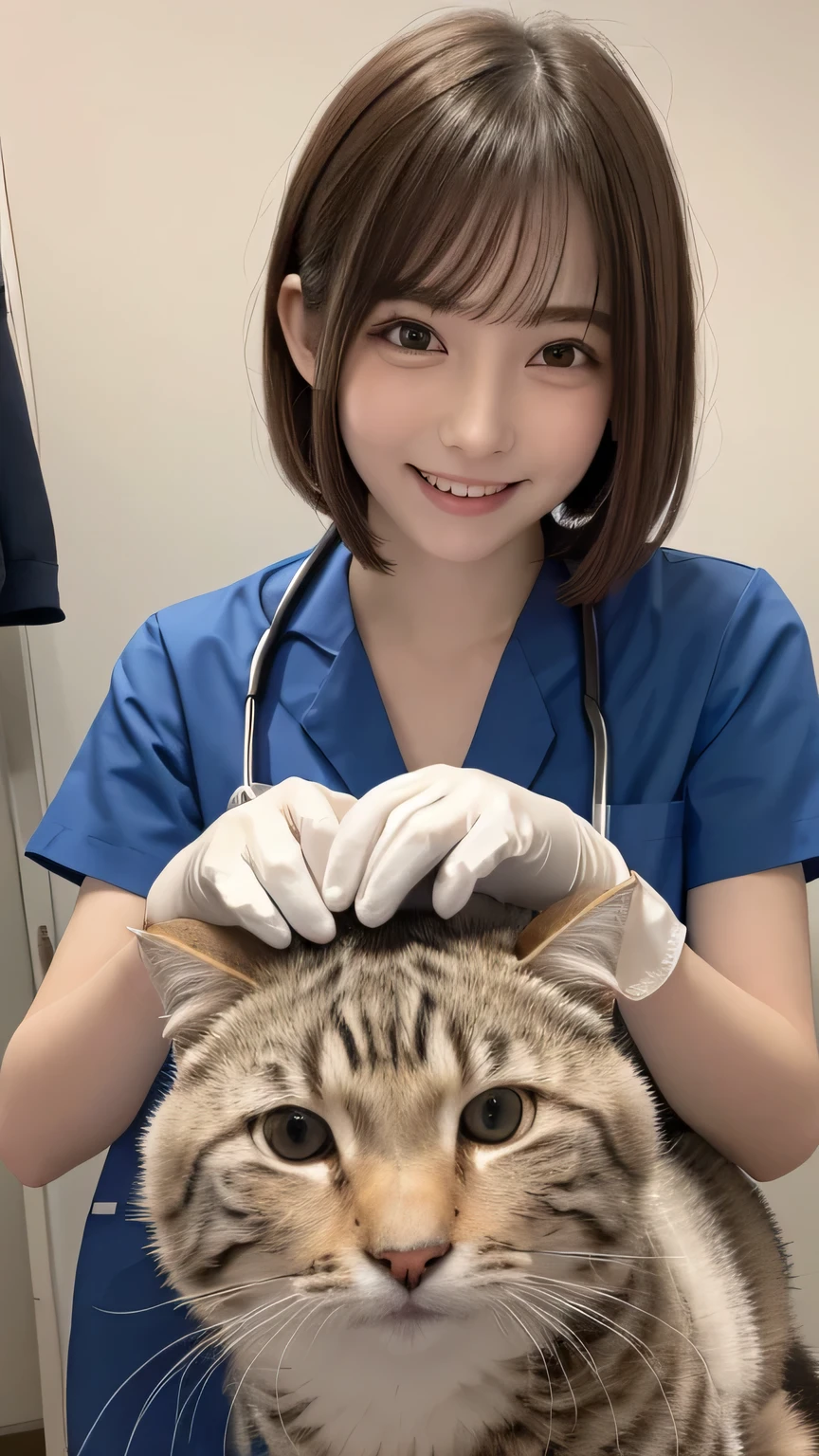 closeup shot , Best picture quality (8K, high resolution, Masterpiece: 1.2), super detailed, 215 Short Hair, 16-year-old woman,
situation: A scene where animals are examined at a veterinary clinic。
clothing: White、scope、gloves。
angle:
Close-up: Hands that gently touch animals、Showing serious expressions in detail。
Detailed depiction: Animal treatment room and medical equipment in the background、Emphasizing the seriousness and kindness of veterinarians。
, Close-up of face
, random cute pose ,big eyes ,Puffy eyes , Heart Pupil, blush , huge shy smile , salute