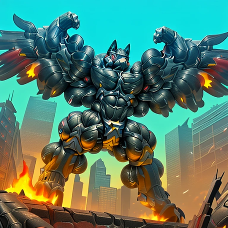 (masterpiece. official art. 8k. best quality. detailed full body. full body.)

(situation 1 : dominating mega_lucario. focus GIANT mechanical Muscular mega_lucario is trampling the CITY. macro. stomp. Low-angle perspective. emphasizing the immense size. The perspective is from below, emphasizing the sheer majesty and power of the Giant. giant art. He is much bigger than a skyscraper. Giga Giants. micro soccer field. looking down.)

(situation 2 :smoke and flames rising from the destruction in the city)

(Additional details 1: wearing a full-face helmet. helmet is jet black. The color of NANOSUIT is jet black. high-tech bio-mecha armor. real texture material. whole body shines like metal. Wearing cyberpunk mecha. emphasizes the muscles. suit fully made of metal. intricate armor. Robotic suit. suit fully made of metal. NANOSUIT with the same design as mega_lucario.).

(Additional details 2: (Detailed head. Detailed Body. Detailed abs. gigantic muscles. HYPER MUSCLES. Gigachad Muscular. big muscle. pecs. triceps. traps. unusually developed muscular body. body full of huge muscles. showing off muscles. pectorales enormes. Exaggeratedly huge muscles. huge muscles. long legs.).

(Additional details 3: nj5furry, Spread wings. It has wings. black have big wings. The claws are sharp. Sharp teeth.).