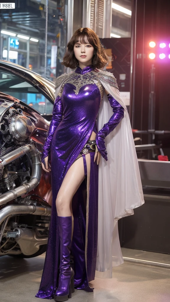 （lifelike， high resolution：1.3）， close up，A short hair that fades from coral red to dark purple，Wearing a futuristic metallic battle robe，There is a resolute courage in the eyes，Full body shot，Every rivet on the garment seems to emit energy.，Surrounded by metallic gears and transparent spheres，Together we create a surreal mechanical fashion kingdom。