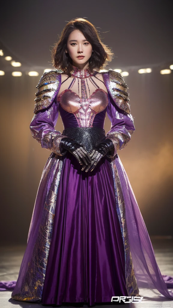 （lifelike， high resolution：1.3）， close up，A short hair that fades from coral red to dark purple，Wearing a futuristic metallic battle robe，There is a resolute courage in the eyes，Full body shot，Every rivet on the garment seems to emit energy.，Surrounded by metallic gears and transparent spheres，Together we create a surreal mechanical fashion kingdom。