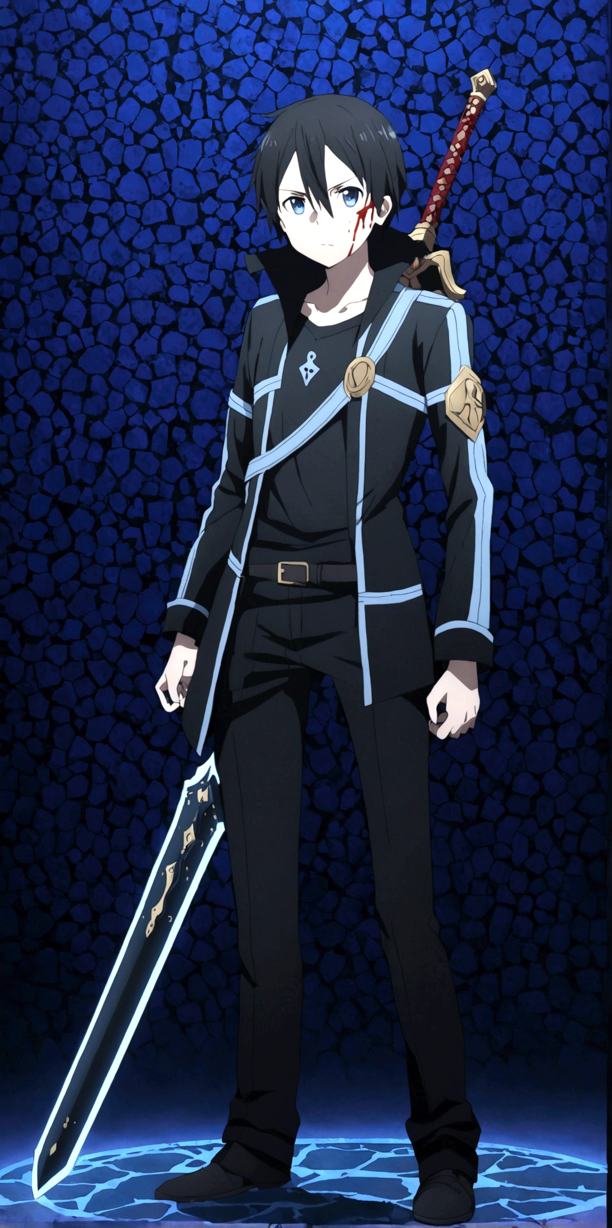 A boy with a large and heavy sword, dark gaming type background, full body with cool pose , high ditels, 4k quality image, wallpaper, HD quality, master peace, bright colours, red bloody and gaming type light, blood spots on his face and clothes, blue lighting in his sword, black hair , black gaming clothes, kirito 