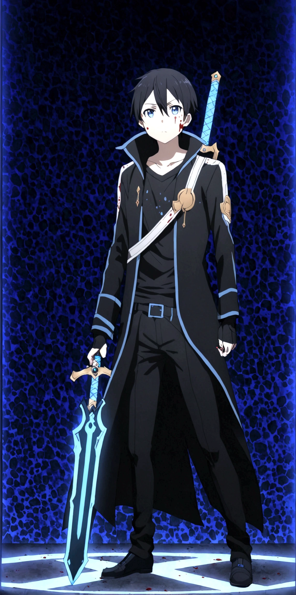 A boy with a large and heavy sword, dark gaming type background, full body with cool pose , high ditels, 4k quality image, wallpaper, HD quality, master peace, bright colours, red bloody and gaming type light, blood spots on his face and clothes, blue lighting in his sword, black hair , black gaming clothes, kirito 