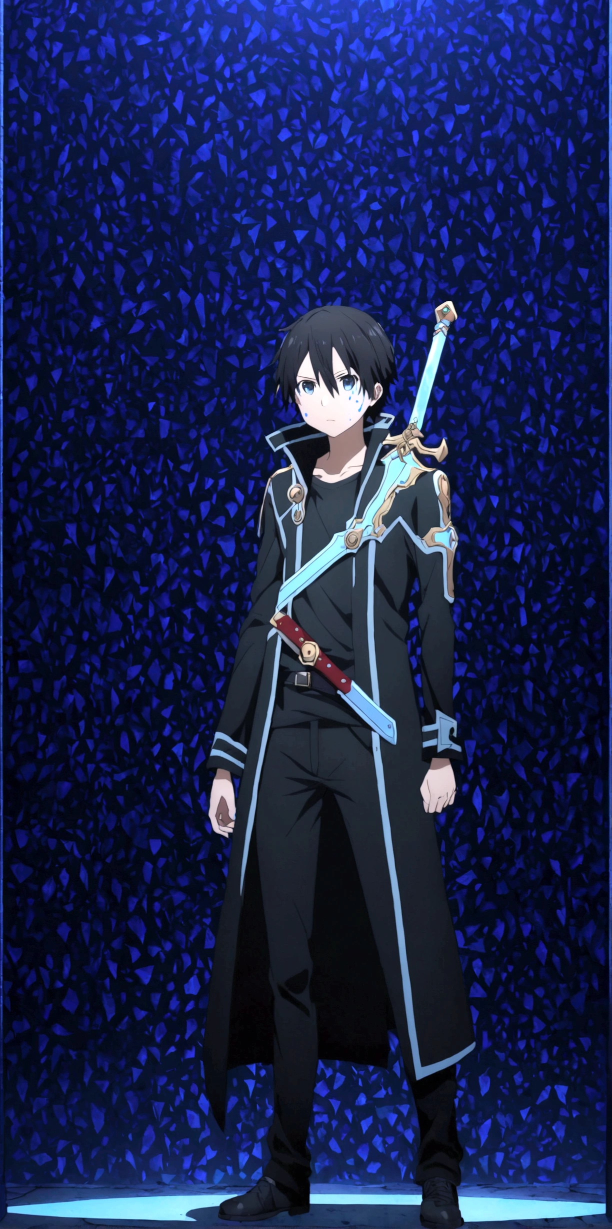 A boy with a large and heavy sword, dark gaming type background, full body with cool pose , high ditels, 4k quality image, wallpaper, HD quality, master peace, bright colours, red bloody and gaming type light, blood spots on his face and clothes, blue lighting in his sword, black hair , black gaming clothes, kirito