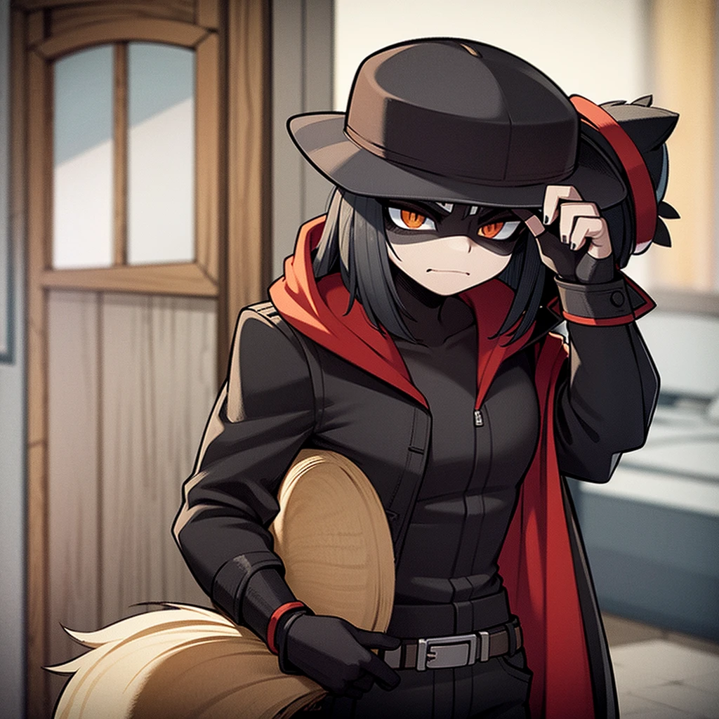 Raccoon, Furson, wearing black leather jacket, He has a red wool hat, Furson, tired face and tired eyes