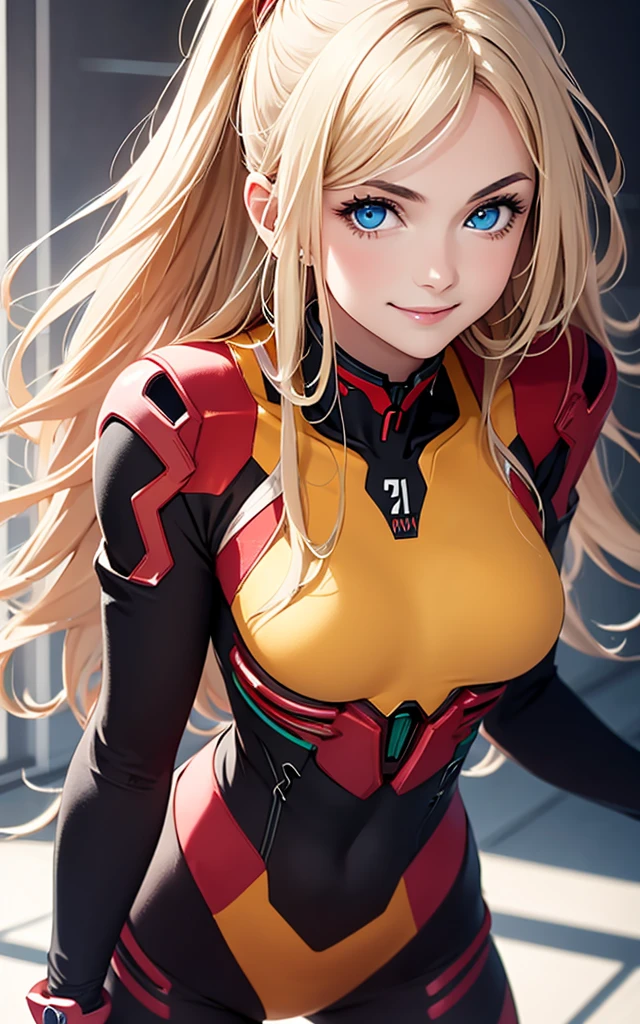 a beauty girl, smile, evangelion suit, blonde, blue eyes, Hyper Realistic