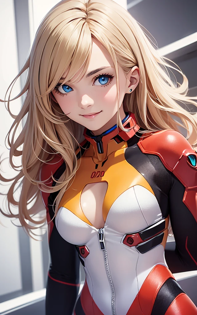 a beauty girl, smile, evangelion suit, blonde, blue eyes, Hyper Realistic