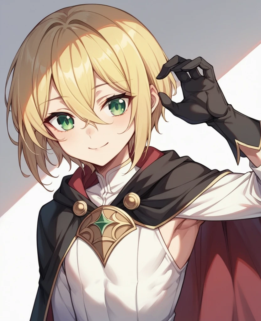 （One girl）、((short hair))、((Blonde))、（Sato Air）、((boyish))、Crossdresser、((flat chest))、green eyes、[wizard]、[black cape]、Black long sleeve、((hairs between eyes))、gloves 、light smile