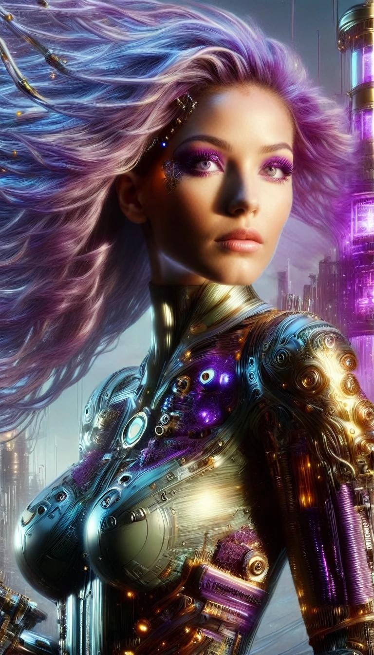 Un portrait hyperréaliste d’une sublime cyborg heureuse et rayonnante , cyborg aux cheveux couleur violet irisé sombre foncé très_long et très détaillés, ((cheveux couleur violet irisé foncé électrique)), portant une robe en dentelle faite en circuitrytech composants électroniques et accessoires DonMSt34mPXL, (tenue blanche), situé dans une ville futuriste avec des éléments mécaniques,  poitrine réaliste décolletée push-up , regard intense et sensuel , corps élancé, pose dynamique