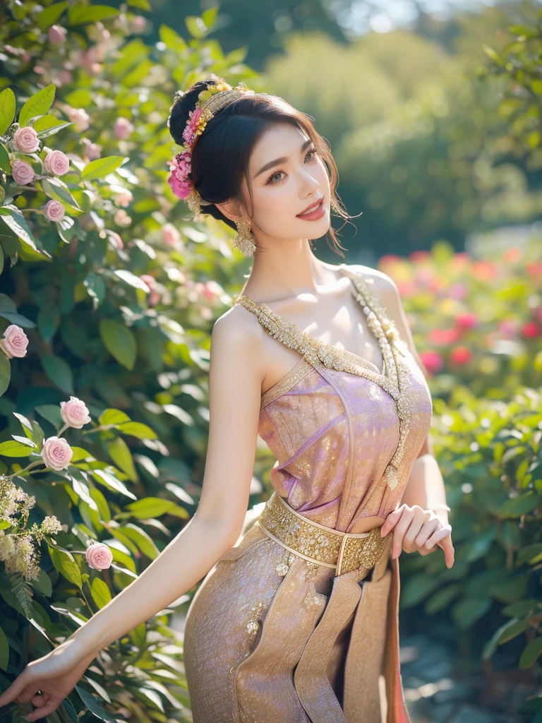 A woman with fair skin and purple straight hair is dancing in a garden from a dynamic angle. She is wearing a colorful traditional dress and has an ecstatic expression. The background is a garden with blooming flowers in high detail and perfect anatomy. It's noon with a vibrant light mood and tone, and the lighting is bright, (colorful traditional dress: 1.9), (perfect anatomy: 1.5), (noon: 1.5), (vibrant light mood and tone: 1.5), (bright light: 1.6).