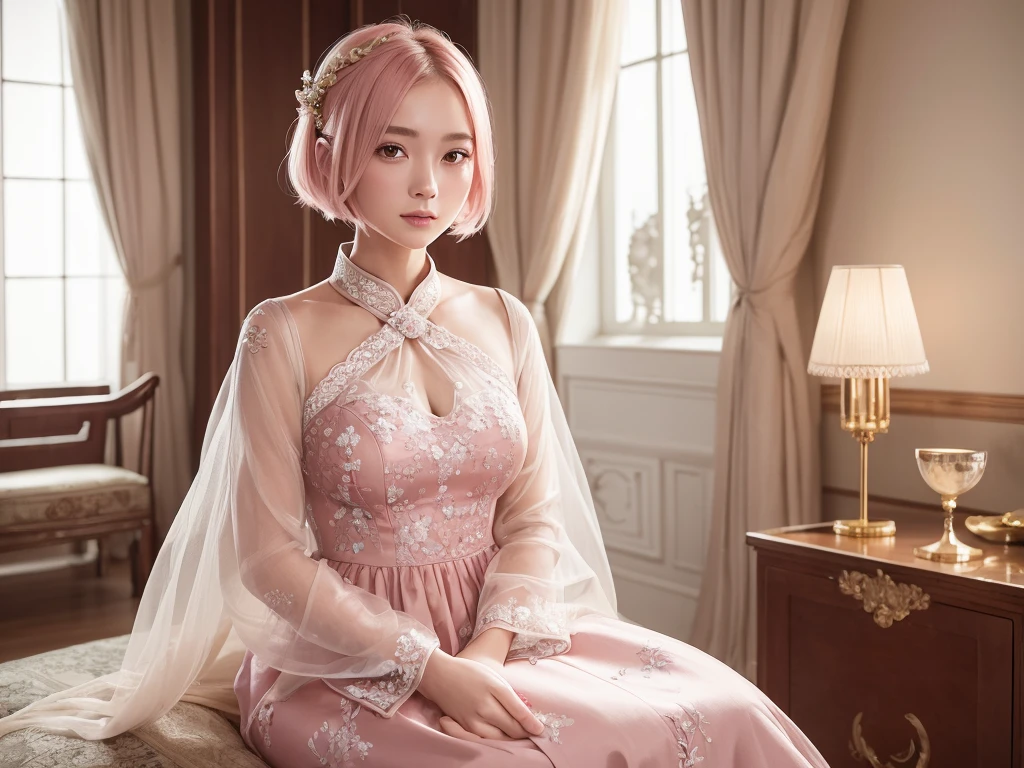 (Highest quality)、( masterpiece)、(8K)、Sitting by the big window、Very luxurious palace、Bright natural light、Elegant and perfect figure、Beautifully detailed hair and deep eyes、Short Bob、Pale pink hair、Wearing a pink Chinese dress、、1 Girl,High resolution 16K human skin closeup
