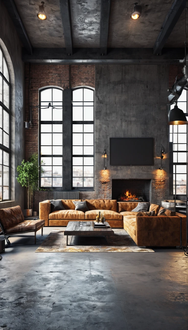 Dark living room loft with fireplace, industrial style, 3d render,design, apartment, indoor, luxury, modern, fireplace, furniture, living room, sofa, window, interior, concrete, table, contemporary, industrial, loft, rustic, home, industry, dark, nobody, style, wall, architecture, floor, living, room, armchair, urban, decoration, house, lifestyle, horizontal, hotel, no people, open, stylish, color image, space, decor, old, wood, background, day, industrial style, 3d, 3d render, carpet, cosy, couch