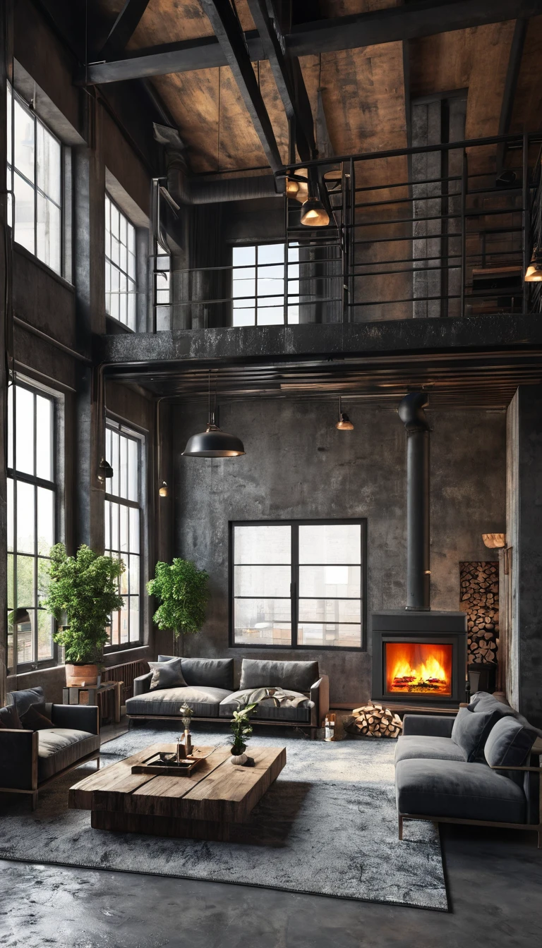 Dark living room loft with fireplace, industrial style, 3d render,design, apartment, indoor, luxury, modern, fireplace, furniture, living room, sofa, window, interior, concrete, table, contemporary, industrial, loft, rustic, home, industry, dark, nobody, style, wall, architecture, floor, living, room, armchair, urban, decoration, house, lifestyle, horizontal, hotel, no people, open, stylish, color image, space, decor, old, wood, background, day, industrial style, 3d, 3d render, carpet, cosy, couch