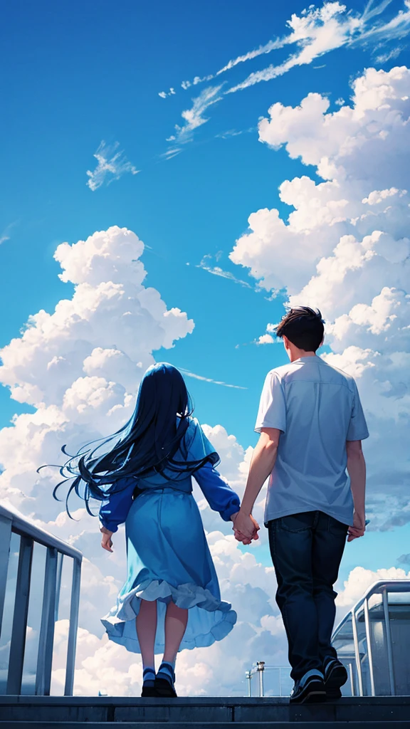 Blue sky with white clouds　Back view of a man and woman holding hands　Casual clothing　An illustration