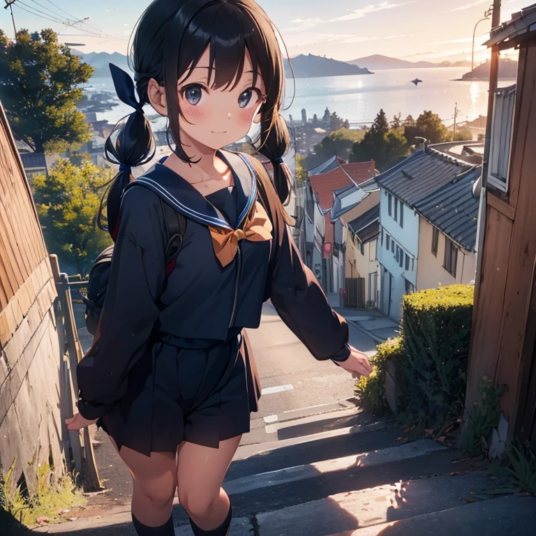 best quality, detailed, masterpiece, 1 girl, standing, gentle smile, , (low twintails:1.4), low pigtails, black hair, long hair, (navy blue sailor suit with blue ribbon:1.4), long sleeves, dark brown eyes, school bag, from the front, from little above, POV, alone, (steep downhill:1.6), straight road to the back, electric pole, hill town, housing, cityscape, sea on back in the distance, nice view, evening, orange sky, animation,