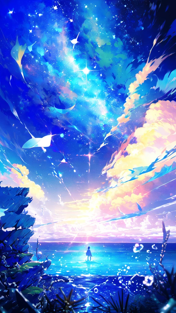 -scenery, 1girl, sky, Star (sky), Highest Resolution、Sunlight from above, Morning, solo,Fine starry sky、 city lights, Starry sky, Fine bubbles、night sky, bubble, watercraft, outdoors, short hair, ocean, Big cloud,coloured glaze,