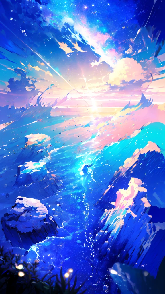 -scenery, 1girl, sky, Star (sky), Highest Resolution、Sunlight from above, Morning, solo,Fine starry sky、 city lights, Starry sky, Fine bubbles、night sky, bubble, watercraft, outdoors, short hair, ocean, Big cloud,coloured glaze,