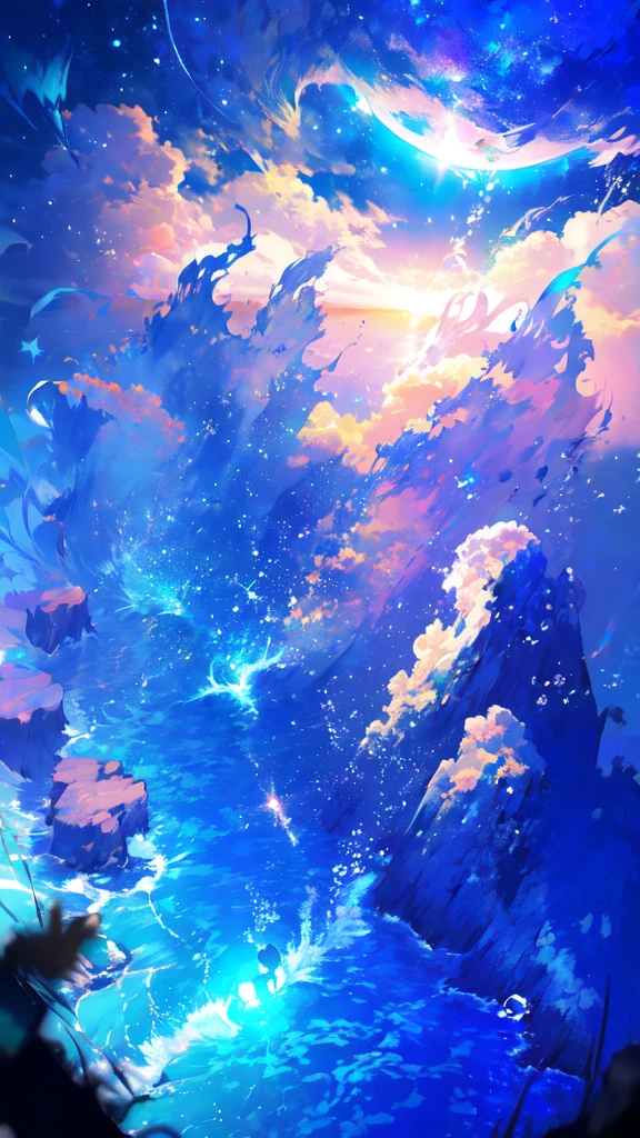 -scenery, 1girl, sky, Star (sky), Highest Resolution、Sunlight from above, Morning, solo,Fine starry sky、 city lights, Starry sky, Fine bubbles、night sky, bubble, watercraft, outdoors, short hair, ocean, Big cloud,coloured glaze,