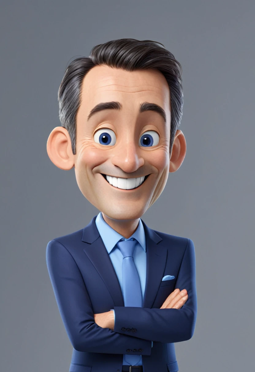 3d cartoon style, 50 years old man, short hair, in a dark blue suit and light blue shirt, no tie, short nose, smiling at the camera, foto perfil, commercial shot., face is brightly lit