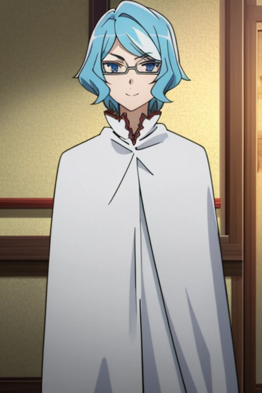 tall body, tall, long legs, smile, mature female, mature, adult, eft_danmachi_blue, glasses, 1girl, female focus, solo, upper body, looking at viewer, blue hair, blue eyes, short hair, white cape, closed mouth,