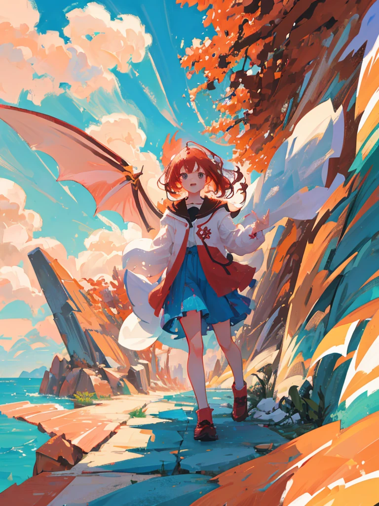 Highest quality, masterpiece, One girl、Red Hair、Cute iridescent Asian dragon playing with clouds and wind in the sky, isometric, Beautiful concept art, Optics

