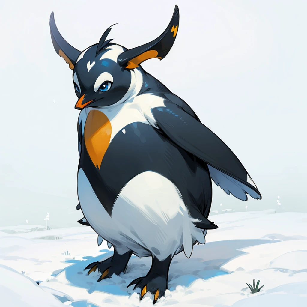 Full body version, watusi mixed with penguin, blue eyes, has long horns, Grassroots in snow