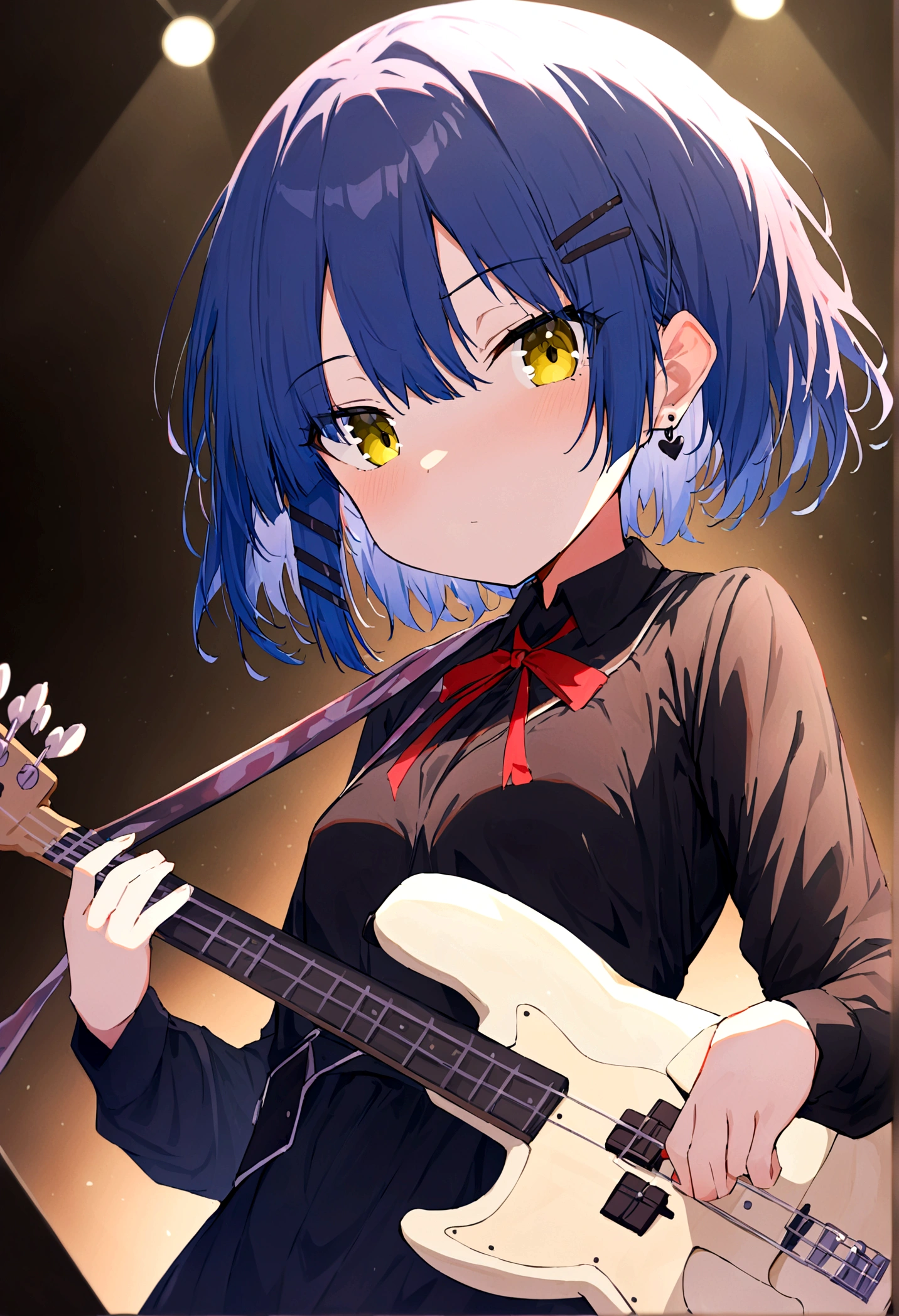 (best quality, highres, masterpiece : 1.4), (flatten art : 0.8), masterpiece, (best quality), 1girl (teenager) , anime, deep blue hair hair, 2 black hair clip, black pin earring, fair skin, faint yelllow eyes, small sized breast, no expression (faint smile:0.4) , (detailed face), (black dress, red ribbon), close-up, playing bass,night, eyes to the viewer, (background: indoor band stage, indie vibe, dim lighting)