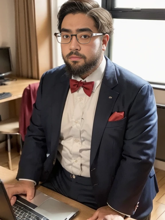 (yossan), Glasses, beard, (Black-rimmed glasses), Brown eyes, fat, (Single eyelid), very aesthetic, 1 boy, (red bowtie), blue jacket, white shirt, blue shorts,Modern Office, Natural light through the window, Stylish desk, computer, Elegant posture, Confident expression