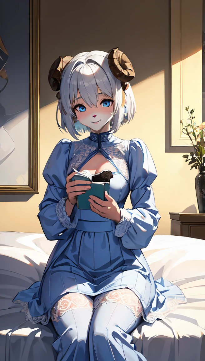 Highest quality，masterpiece, Soft Shading, Perfect ???????, Perfect lighting, Perfect focus, Healing, alone, One girl, Furry, Shaggy Sheep, Anthropomorphic, woman, Silver fur, Silvery skin, blue eyes, Before going to bed, pajamas,Long sleeve，Long skirt，(White lace)，Small breasts，fantasy town, Upload to e621, Sitting,smile，adult，Long ears，Short Hair，Ram&#39;s horn、Perfect ???????((Beast Woman, Focus Only)) (((Furry))) (Furry anthro:1.7) ((((Hairy body, Sheep facial features, Physical characteristics of sheep)))) ((Sheep&#39;s nose, Very fine body hair)), White skin