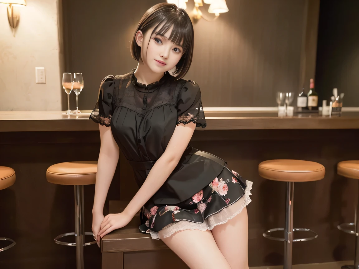 (Highest quality, masterpiece, Ultra-high resolution, 8K, RAW Photos, Realistic, Anatomically correct:1.5), 20-year-old girl:1.2, Embarrassing, avert your eyes, blush:1.0, View Viewer, ((Bar Lounge)) 、Night view、 Light:1.2, Bokeh, Cinema Lighting:1.0, Depth of written boundary, sharp、 Cute face、Idol、Black short sleeve lace top、Black pleated skirt、Black clothing、”dwarf”、(Floral clothes)、(Full Body Shot)、Side angle、Cowboy Shot、 smile、(Ultra short hair)、(Short bob cut)、(Straight bangs)、((See-through))、(( One Girl))、Large Breasts、