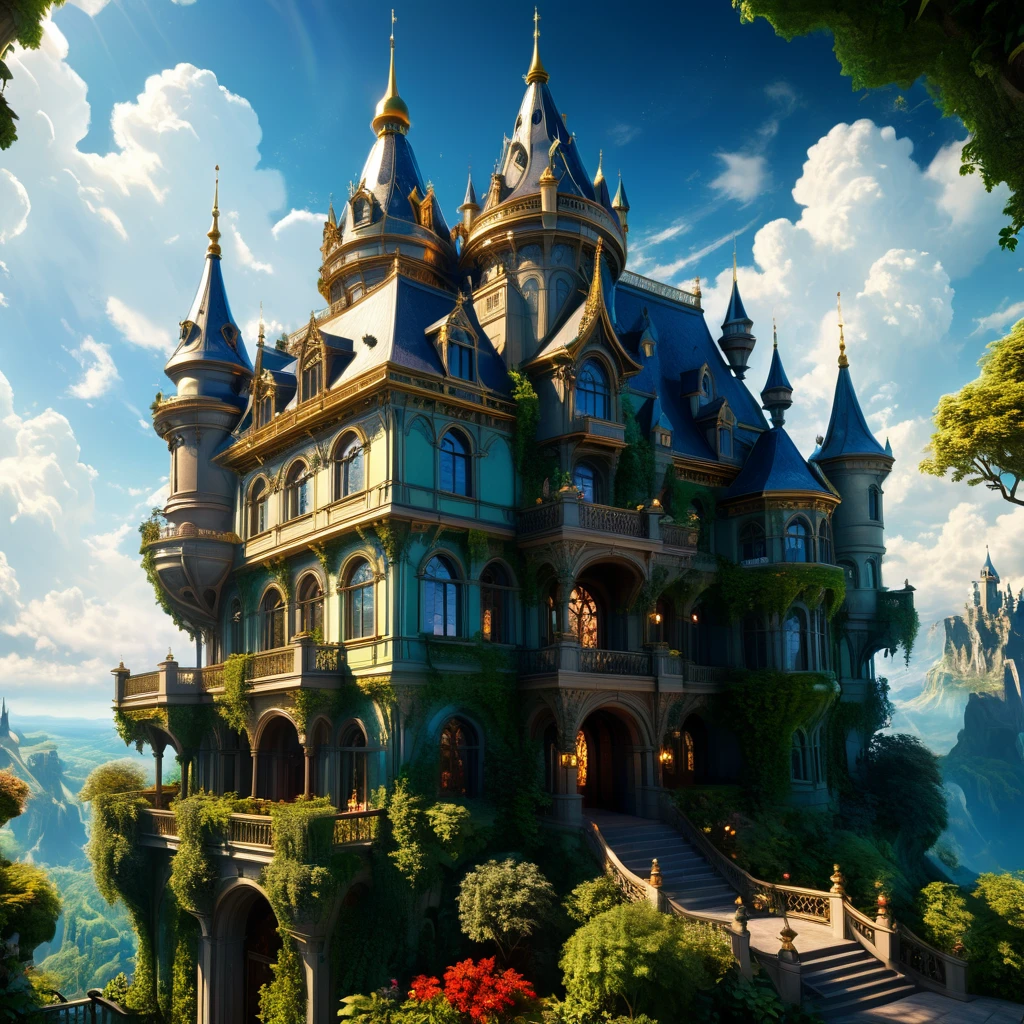 a magnificent floating royal castle in the sky, a huge astronomical telescope on the balcony, ornate architecture, highly detailed, intricate carvings and decorations, glowing crystals, sunlight streaming through stained glass windows, overflowing gardens, lush greenery, (best quality,4k,8k,highres,masterpiece:1.2),ultra-detailed,(realistic,photorealistic,photo-realistic:1.37),detailed lighting, dramatic shadows, vibrant colors, fantasy, digital art, concept art