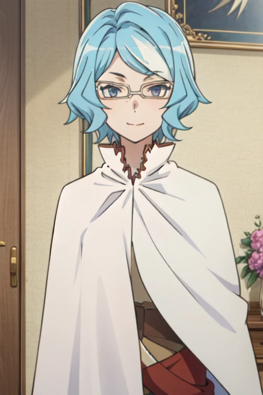 tall body, tall, long legs, smile, mature female, mature, adult, eft_danmachi_blue, glasses, 1girl, female focus, solo, upper body, looking at viewer, blue hair, blue eyes, short hair, white cape, closed mouth,