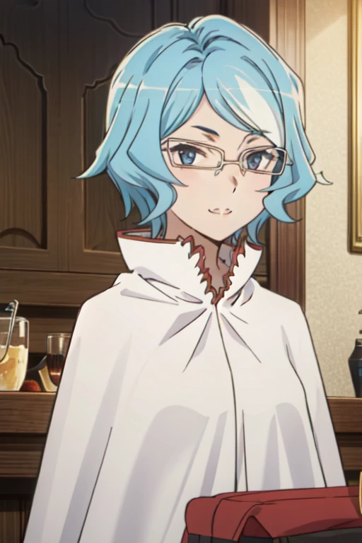 tall body, tall, long legs, smile, mature female, mature, adult, eft_danmachi_blue, glasses, 1girl, female focus, solo, upper body, looking at viewer, blue hair, blue eyes, short hair, white cape, closed mouth,