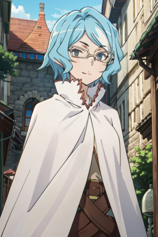 tall body, tall, long legs, smile, mature female, mature, adult, eft_danmachi_blue, glasses, 1girl, female focus, solo, upper body, looking at viewer, blue hair, blue eyes, short hair, white cape, closed mouth,