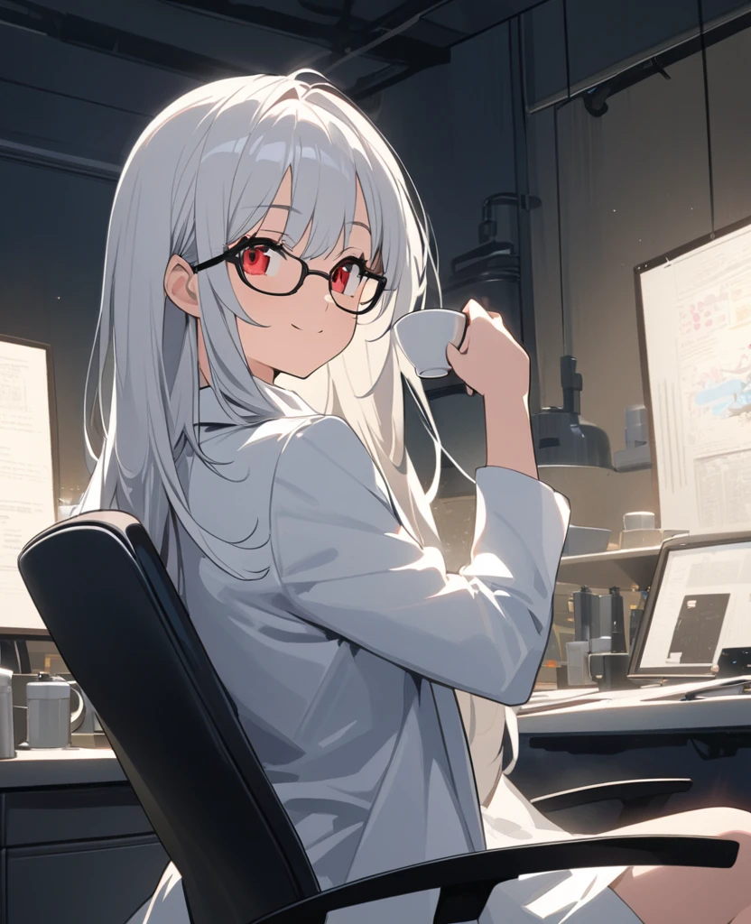 Anime painting:1.2,A , young girl with long silver hair, red eyes and glasses wearing a white lab coat smiles wickedly.:1.2,In a dimly lit laboratory,Composition from the upper body up,Cross-legged on office chair、Posing,Holding a coffee cup in your right hand