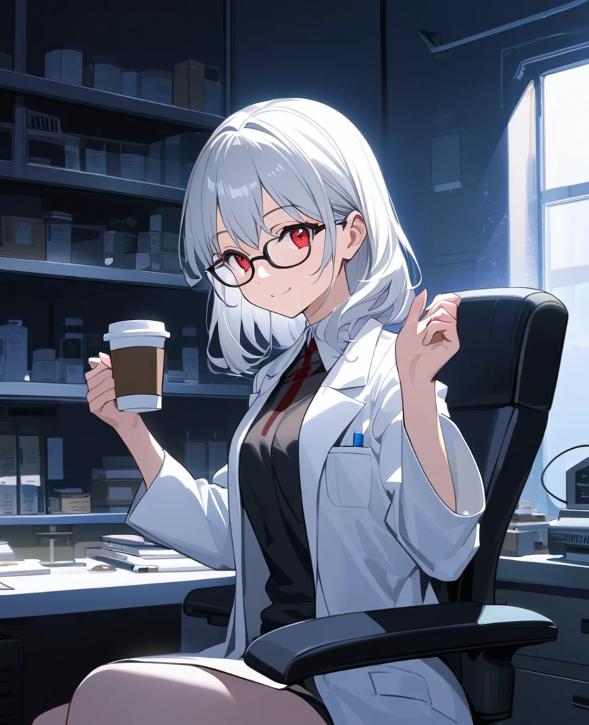 Anime painting:1.2,A , young girl with long silver hair, red eyes and glasses wearing a white lab coat smiles wickedly.:1.2,In a dimly lit laboratory,Composition from the upper body up,Cross-legged on office chair、Posing,Holding a coffee cup in your right hand