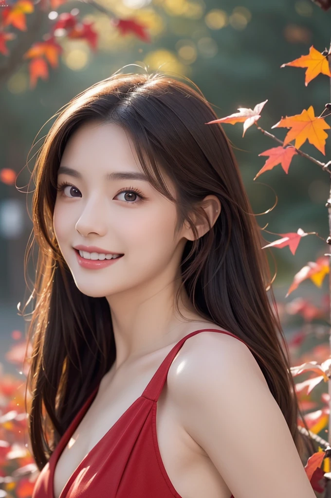 8K Super Resolution、Beauty、One Lady、Dark Brown Hair:1.1、Ultra-detailed face、Detailed lips、important、(Eyes meet)、double eyelid、Princess Eyes、 Beautiful Japanese Woman、Beautiful Japanese Woman、 Sensual lips、Bewitching body、Bust size 82、8 Life-size、Standing in a provocative pose facing forward with a well-balanced, natural body、Girlfriend in her 20s、(28 years old)、far and near method、Smiling with a nice smile、 Wearing a red one piece dress、Hair blowing in the wind、Clear images、The sparkle of tiny eyes、Fine autumn leaves dyed red、color々Hair style、