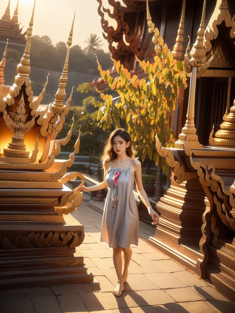 A woman with sun-kissed skin and blonde hair with beach waves is exploring a Thai temple in a medium shot from a high angle. She is wearing a colorful, flowy sundress that accentuates her figure and allows for movement. The background is an Thai temple with golden spires and intricate details in high detail and perfect anatomy. It's late afternoon with a warm, golden light mood and tone, and the lighting is soft and ethereal, (excited pose: 1.2), (flowy sundress: 1.9), (perfect anatomy: 1.5), (late afternoon: 1.5), (warm golden light mood and tone: 1.5), (soft ethereal lighting: 1.6), (Thai temple architecture: 1.8), (travel in Thailand: 1.7).
