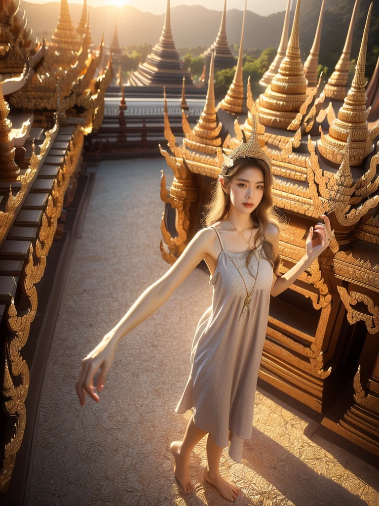 A woman with sun-kissed skin and blonde hair with beach waves is exploring a Thai temple in a medium shot from a high angle. She is wearing a colorful, flowy sundress that accentuates her figure and allows for movement. The background is an Thai temple with golden spires and intricate details in high detail and perfect anatomy. It's late afternoon with a warm, golden light mood and tone, and the lighting is soft and ethereal, (excited pose: 1.2), (flowy sundress: 1.9), (perfect anatomy: 1.5), (late afternoon: 1.5), (warm golden light mood and tone: 1.5), (soft ethereal lighting: 1.6), (Thai temple architecture: 1.8), (travel in Thailand: 1.7).