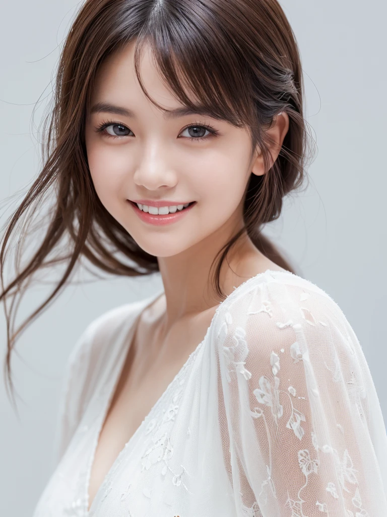 (In 8K, Highest quality, Tabletop, Ultra-high resolution, High quality face:1.5), (Very detailed), (Young Adult Model:1.3),(Photorealistic:1.4) (Look diagonally:1.6), 1 beautiful girl, White skin, (とてもWhite skin, Glittering Skin:1.4), Pin Spot Light, (Beautiful Eyes, Light in your eyes), Shiny, Natural Hair, Squint your eyes and laugh, Dazzling Smile, de luz, cute, refreshing, ((Beautiful woman in pure white outfit)), (Japanese),White background, Portraiture, Lightweight texture