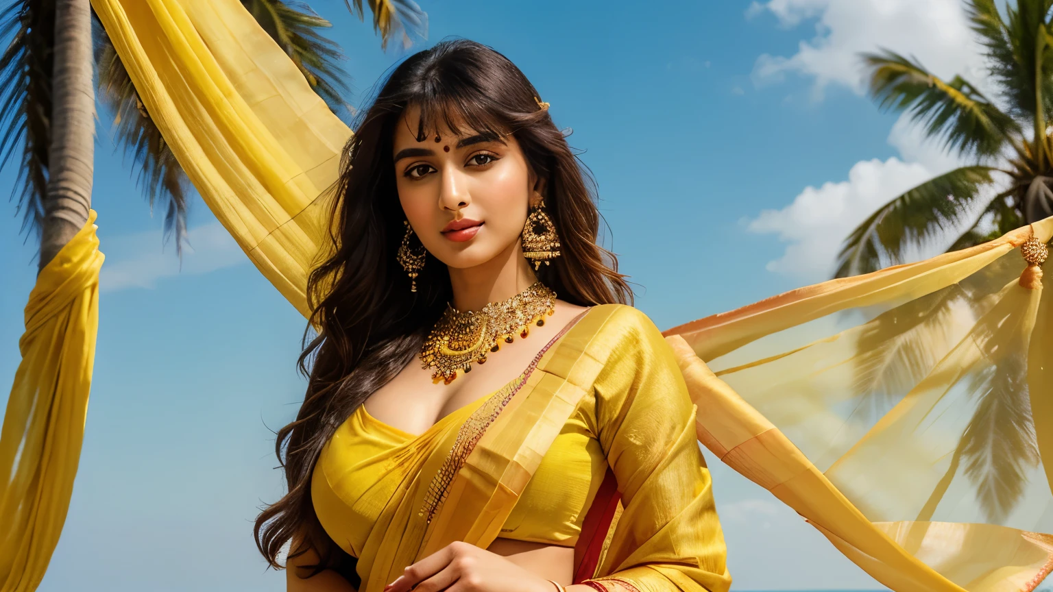 upper half body of (A hyper-realistic), (illustration), (high resolution), (8K), (highly detailed), (The best illustration of beautiful detailed image), (top-quality), (big breasts with bra}, (ultra-detailed), (masterpiece), (beautiful attractive face), long hair, Earrings with bangs, ((20 year old Pakistani beautiful girl)) , (((wearing Indian silk traditional yellow sari draping ))) , (((Glamorous body))) , Elegant Pose, Seduction pose, Looking at the camera, beach background