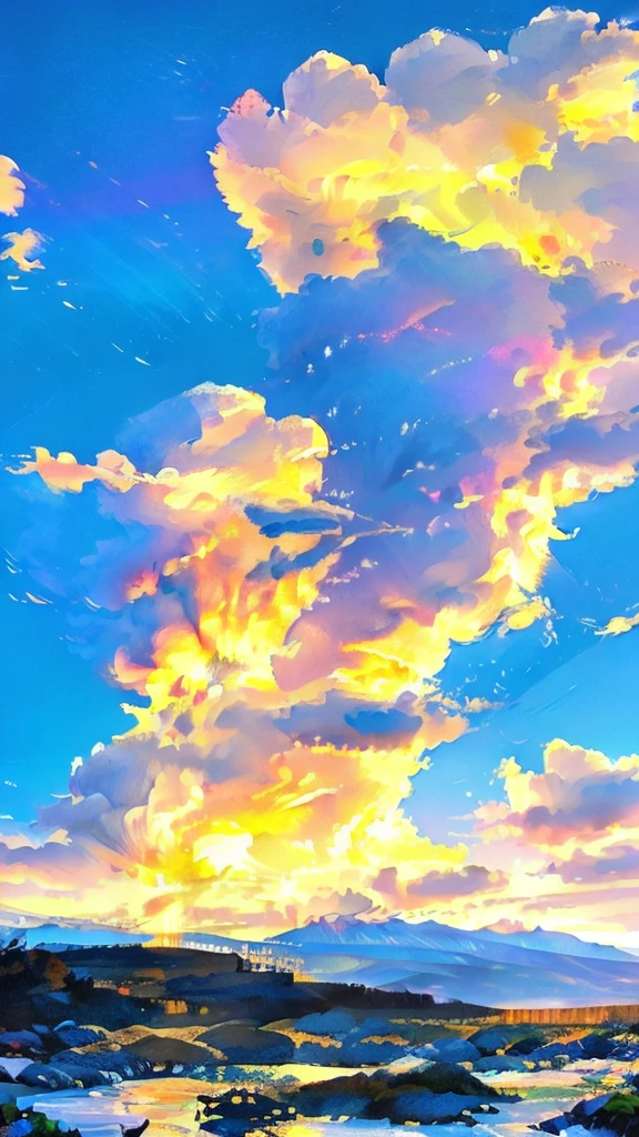 A breathtaking scene unfolds as the sun rises over a majestic mountain range, its peaks bathed in a golden glow. The sky is a canvas of soft pastels, with hues of pink and orange blending seamlessly into the blue. As the sunlight breaks through the clouds, a radiant rainbow arcs gracefully across the sky, its vibrant colors standing out against the backdrop of the towering mountains. The interplay of light and nature creates a serene and awe-inspiring panorama that captures the beauty of the natural world.
