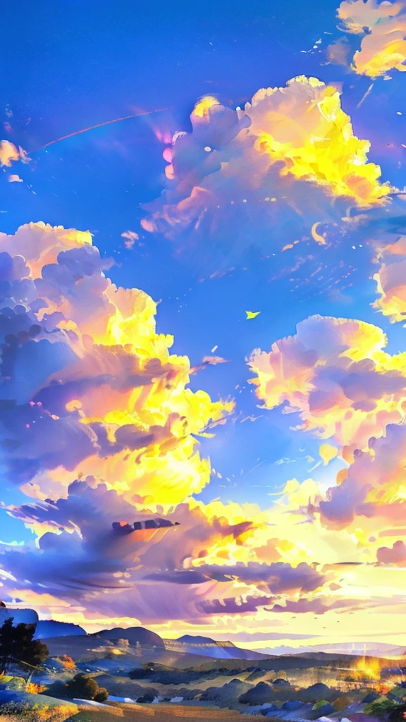 A breathtaking scene unfolds as the sun rises over a majestic mountain range, its peaks bathed in a golden glow. The sky is a canvas of soft pastels, with hues of pink and orange blending seamlessly into the blue. As the sunlight breaks through the clouds, a radiant rainbow arcs gracefully across the sky, its vibrant colors standing out against the backdrop of the towering mountains. The interplay of light and nature creates a serene and awe-inspiring panorama that captures the beauty of the natural world.