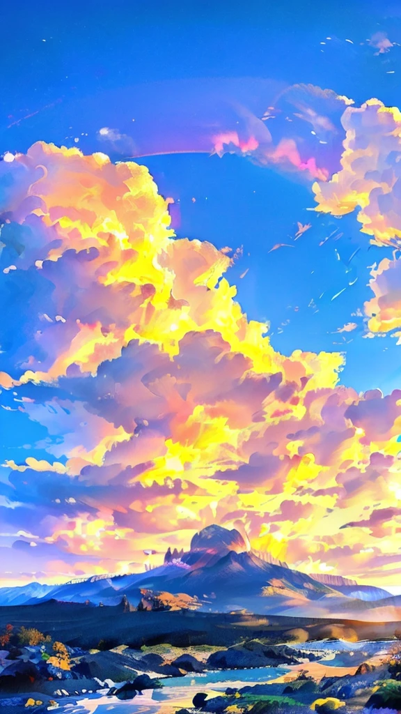 A breathtaking scene unfolds as the sun rises over a majestic mountain range, its peaks bathed in a golden glow. The sky is a canvas of soft pastels, with hues of pink and orange blending seamlessly into the blue. As the sunlight breaks through the clouds, a radiant rainbow arcs gracefully across the sky, its vibrant colors standing out against the backdrop of the towering mountains. The interplay of light and nature creates a serene and awe-inspiring panorama that captures the beauty of the natural world.