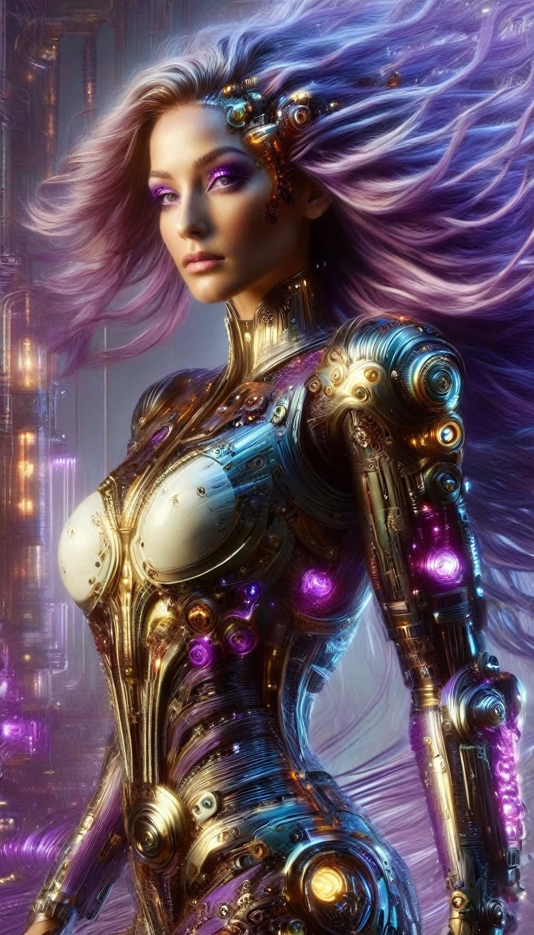 Un portrait hyperréaliste d’une sublime cyborg heureuse et rayonnante , cyborg aux cheveux couleur violet irisé sombre foncé très_long et très détaillés, ((cheveux couleur violet irisé foncé électrique)), portant une robe en dentelle faite en circuitrytech composants électroniques et accessoires DonMSt34mPXL, (tenue blanche), situé dans une ville futuriste avec des éléments mécaniques,  poitrine réaliste décolletée push-up , regard intense et sensuel , corps élancé, pose dynamique