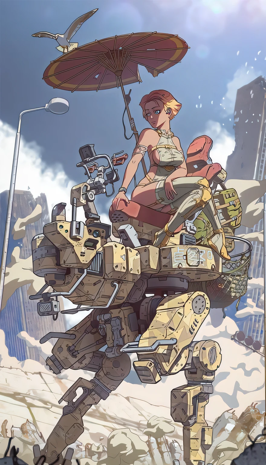 A woman sitting on a mechanical car,Umbrella in hand, inspired 通过josan gonzales, Mechanized female soldier, josan gonzales, Kushat Kents, Anime Art Vehicle Concept Art, girl, Greg Rutkoski and Krentz Kushat, 通过josan gonzales, mechanized art concept, Krenz Kushat and Artyom Demura