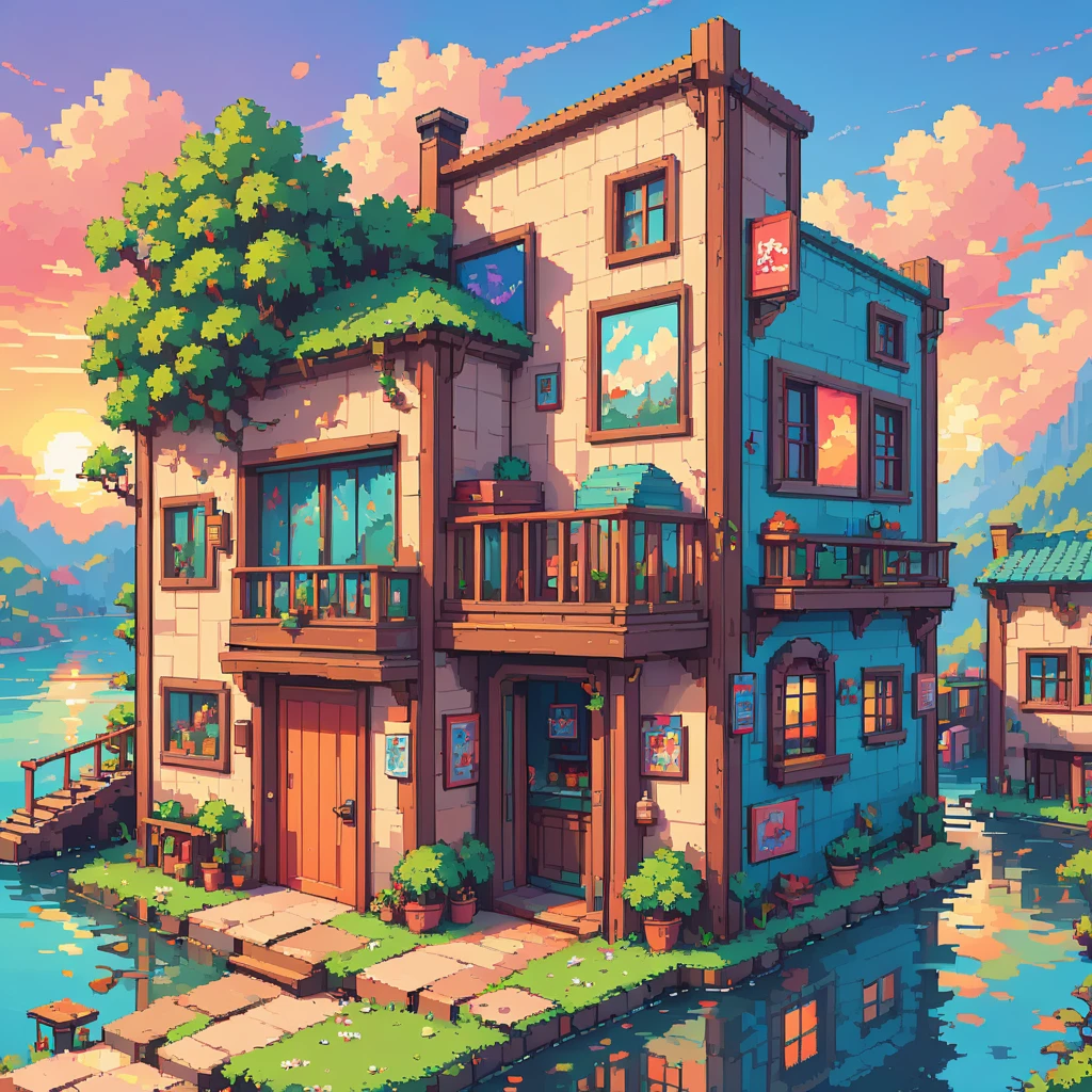 Pixel art,Super detailed,Vibrant colors,Sunset lighting,masterpiece:1.2,Moderate,Detailed pixelated characters,Dynamic Background,Colorful landscapes,Retro games,80s atmosphere,Vibrant streetscape,Diverse architectural styles,Neon Signs,Reflection effect,Pixel perfect,Carefully crafted sprites,Smooth animations,Immersive Storytelling,infinite possibilities