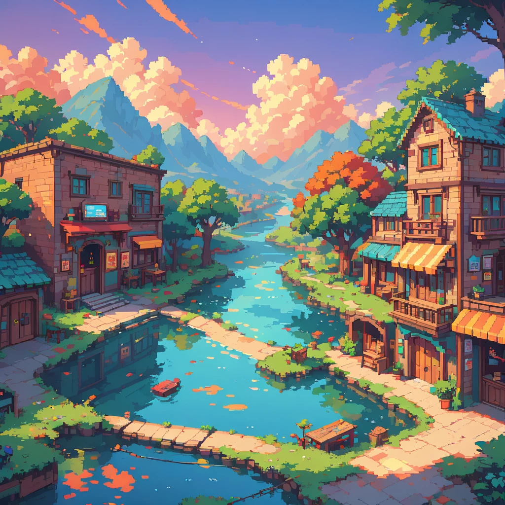 Pixel art,Super detailed,Vibrant colors,Sunset lighting,masterpiece:1.2,Moderate,Detailed pixelated characters,Dynamic Background,Colorful landscapes,Retro games,80s atmosphere,Vibrant streetscape,Diverse architectural styles,Neon Signs,Reflection effect,Pixel perfect,Carefully crafted sprites,Smooth animations,Immersive Storytelling,infinite possibilities