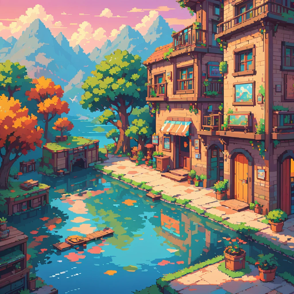 Pixel art,Super detailed,Vibrant colors,Sunset lighting,masterpiece:1.2,Moderate,Detailed pixelated characters,Dynamic Background,Colorful landscapes,Retro games,80s atmosphere,Vibrant streetscape,Diverse architectural styles,Neon Signs,Reflection effect,Pixel perfect,Carefully crafted sprites,Smooth animations,Immersive Storytelling,infinite possibilities