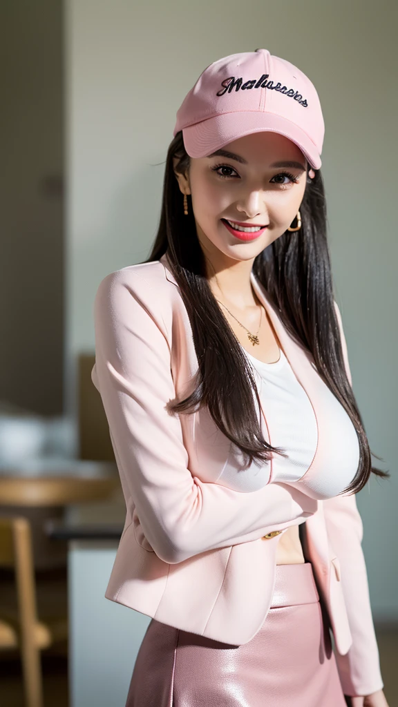 1 girl, national foundation, ((32k, raw, masterpiece: 1.5)), (Professional photography, sharp:1.2), Perfect dynamic composition, (Natural sun light), (soft shadow), (((skinny figure))), ((huge round breasts:1.1)), (((((black long hair))))), Ultra-detailed faces and skin, perfect asian, White skin, (Delicate skin:1.4), (latex skin:0.4), (perfect glowing skin:0.6), light brown eyes, beautiful eyes, round eyes, pretty face, blush, glossy lips, (((plump lips))), glossy eyes, Perfectly proportioned face, Really moist skin, ((excited expression)), (((huge smile at the camera))), looking at camera, Elegant necklace, Elegant earrings, minimalist, (((white shirt, pink blazer))), (((pink skirt))), (((white and pink newspaper boy hat)))